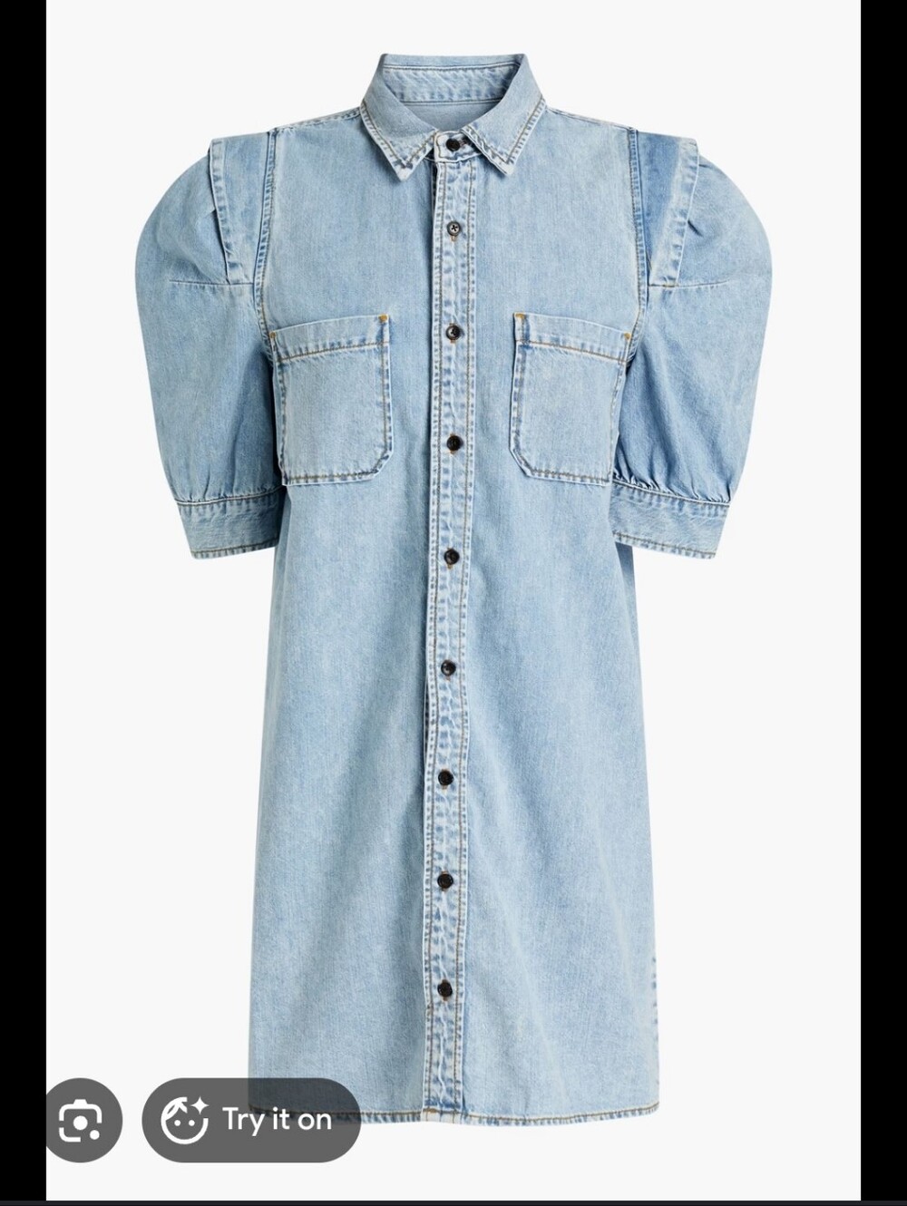 Frame S Light Wash Denim Button-Front Puff Sleeve Dress